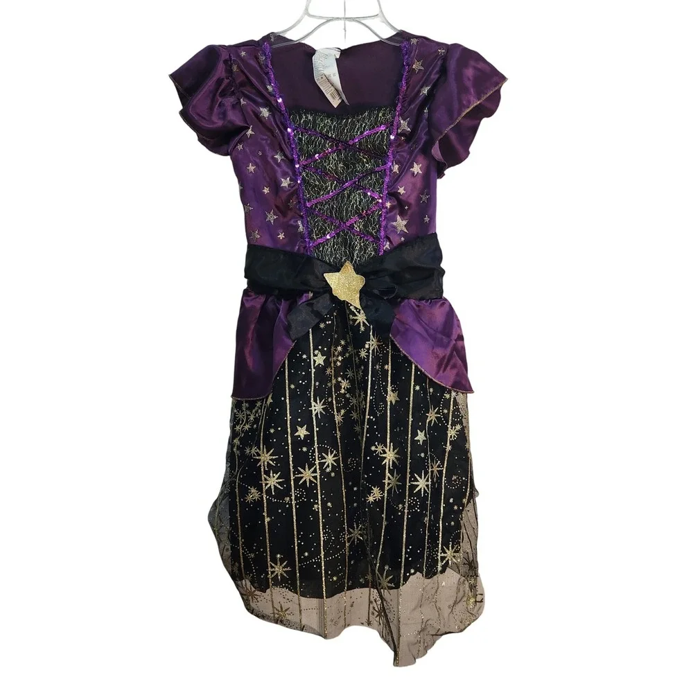 Girls Witch Costume‎ Dress Purple Gold Stars Halloween Party Dress Up Sz L 10-12